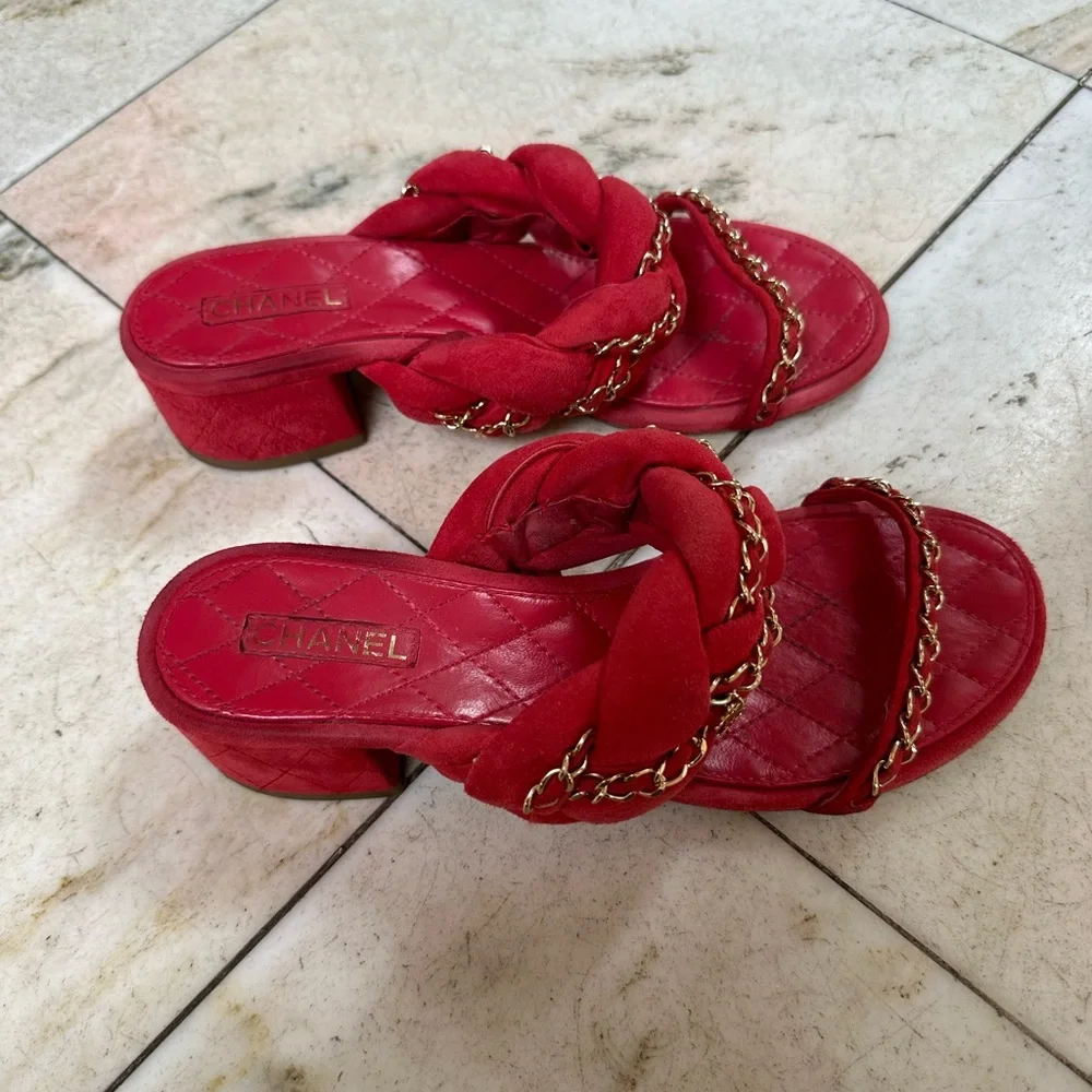 Red gold chain chain block heel sandals 37.5 7.5 - Picture 2 of 4